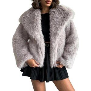 Women's Faux Fur Coat Fluffy Faux Fur GRey3
